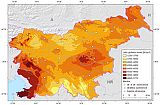 Letni
globalni obsev na osnovi desetletnih meritev direktne in difuzne osončenosti ter
trajanja sončevega obseva v Sloveniji.